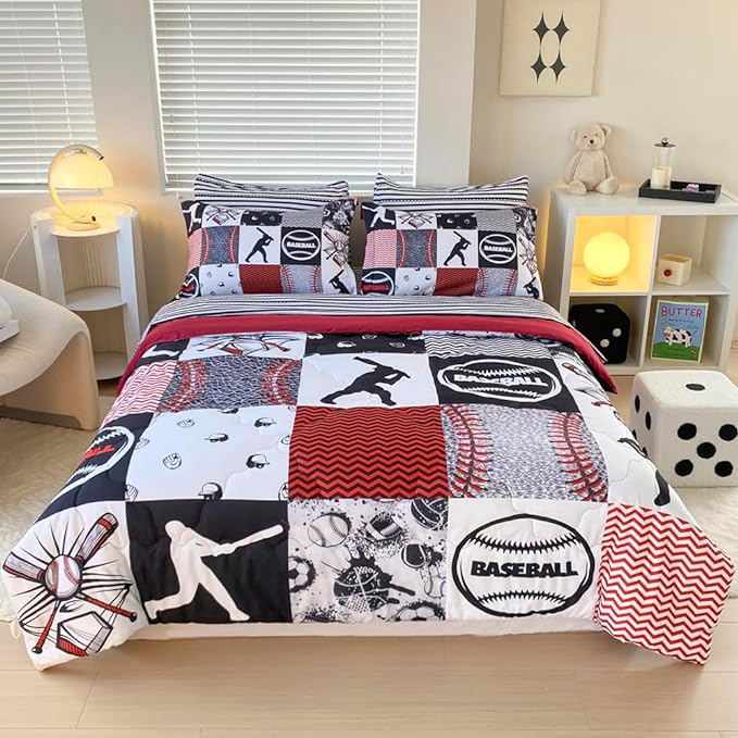 7 Piece Baseball Comforter Set Bed in A Bag Queen Size 3D Softball Sports Bedding Set for Boys Kids Microfiber Comforter All Season (1 Comforter, 1 Flat Sheet, 1 Fitted Sheet, 4 Pillowcase) - LeafyLoom