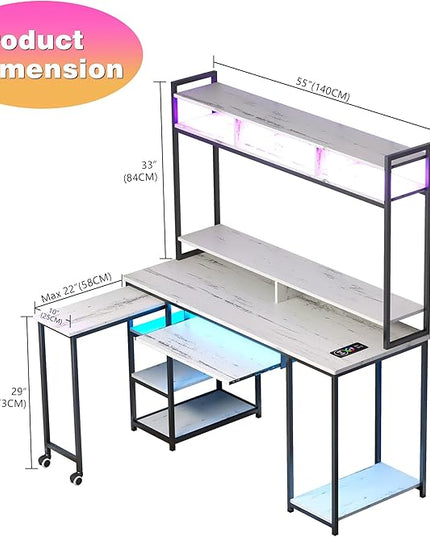 Lvifur RGB Gaming Desk with Wireless Charging Station,7 Dynamic & 24 Static Dimmable Computer Desk with Movable Table, 55'' Home Office Small Desk with Keyboard Tray,Monitor Stand,Display Stand - LeafyLoom