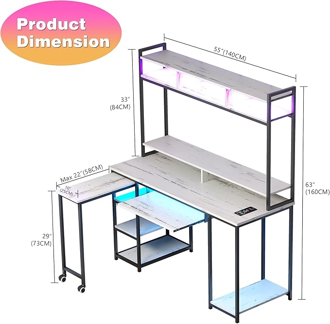 Lvifur RGB Gaming Desk with Wireless Charging Station,7 Dynamic & 24 Static Dimmable Computer Desk with Movable Table, 55'' Home Office Small Desk with Keyboard Tray,Monitor Stand,Display Stand - LeafyLoom