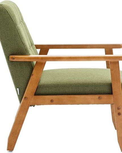 Mid-Century Accent, Modern Single Armchair, Upholstered Leisure Lounge Chair wth Solid Wood Armrest and Feet for Living Room, Bedroom, Office, Green - LeafyLoom