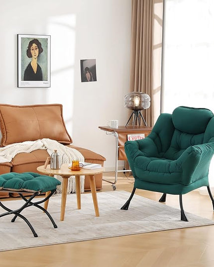Cozy Lazy Chair and Ottoman, Large Contemporary Accent Lounge Chair Set, Leisure Upholstered Reading Armchair for Bedroom, Living Room, Dorm Rooms, Office - LeafyLoom