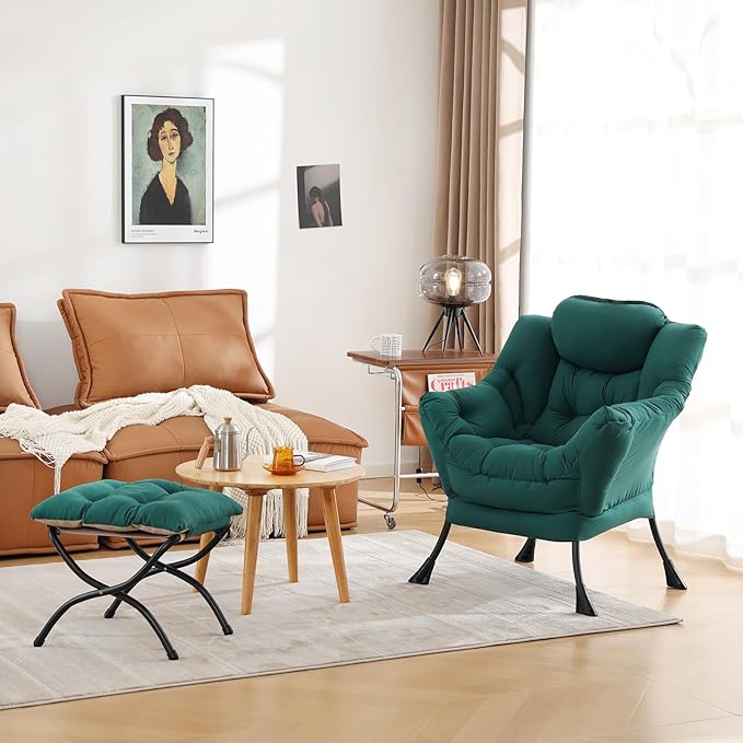 Cozy Lazy Chair and Ottoman, Large Contemporary Accent Lounge Chair Set, Leisure Upholstered Reading Armchair for Bedroom, Living Room, Dorm Rooms, Office - LeafyLoom
