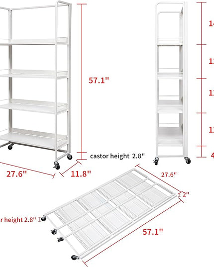 No-Assembly Folding Bookshelf Storage Rack Shelves with Castors 4 Tiers Vintage Bookcase Standing Racks Multifunctional Plant Flower Stand Study Organizer for Home Office (Metal,White) - LeafyLoom
