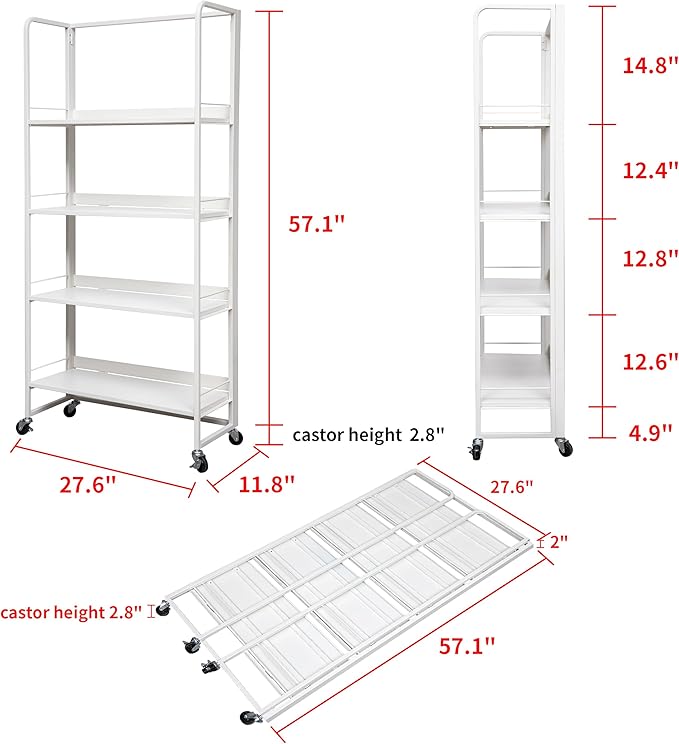 No-Assembly Folding Bookshelf Storage Rack Shelves with Castors 4 Tiers Vintage Bookcase Standing Racks Multifunctional Plant Flower Stand Study Organizer for Home Office (Metal,White) - LeafyLoom