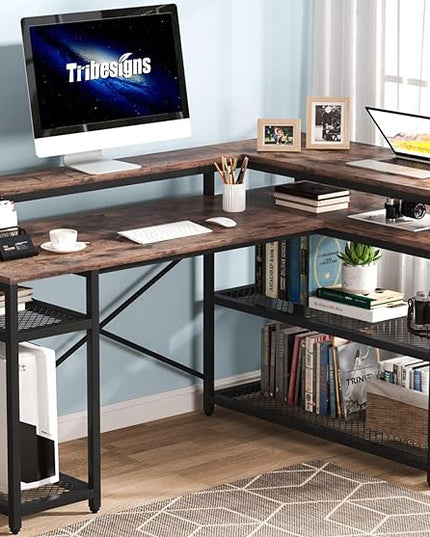 Tribesigns L Shaped Desk with Storage and Monitor Stand, Industrial Home Office Computer Desk with Storage Shelves, 59 Inch Corner Desk with Monitor Shelf(Brown) - LeafyLoom