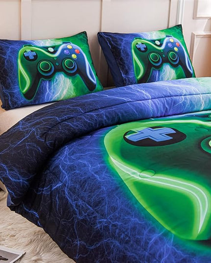 Meeting Story Gamer Gaming Bedding Sets Red Blue Lightnings Gamepad Comforter Set for Boys Games Console Action Buttons Novelty Colorful Modern Room Decor Home Quilt Set (Blue-Green, Full) - LeafyLoom