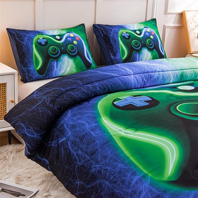 Meeting Story Gamer Gaming Bedding Sets Red Blue Lightnings Gamepad Comforter Set for Boys Games Console Action Buttons Novelty Colorful Modern Room Decor Home Quilt Set (Blue-Green, Full) - LeafyLoom