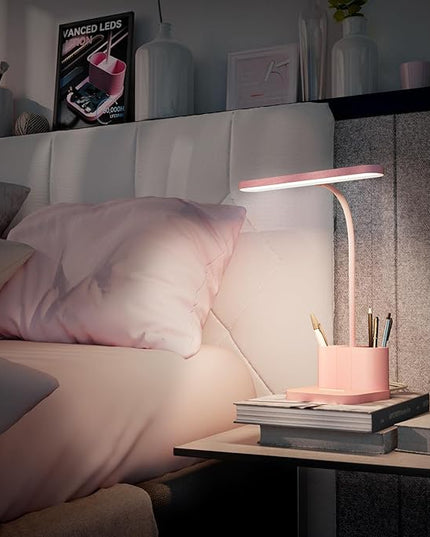AXX Pink Desk Lamp for Home Office, Cute Desk Lamps for Bedrooms, Kawaii, Dimmable LED, Flexible Gooseneck, Pen Holder, Touch Control, Room College Dorm Essentials for Teen Girls Kids - LeafyLoom