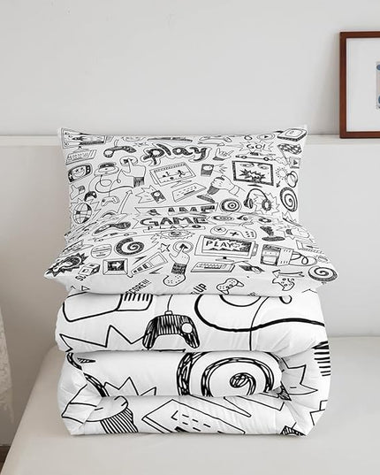 Erosebridal Gaming Comforter Set King, Kids Gamepad Cartoon Bedding Set Video Games Gamers Duvet Set Hip Hop Graffiti Quilt Set Racing Car Comforter Set, Black White Printed Bedroom Decor - LeafyLoom