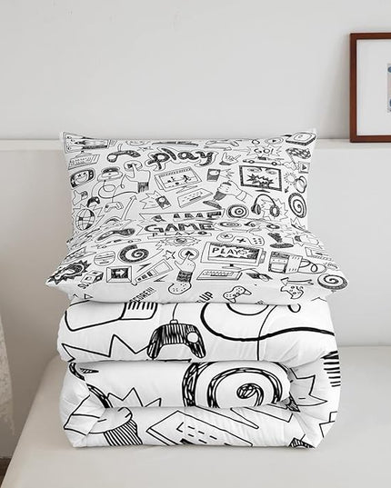 Erosebridal Gaming Comforter Set Twin, Kids Gamepad Cartoon Bedding Set Video Games Gamers Duvet Set Hip Hop Graffiti Quilt Set Racing Car Comforter Set, Black White Printed Bedroom Decor - LeafyLoom
