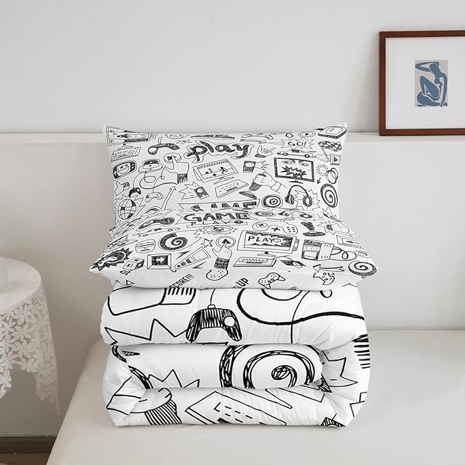 Erosebridal Gaming Comforter Set Twin, Kids Gamepad Cartoon Bedding Set Video Games Gamers Duvet Set Hip Hop Graffiti Quilt Set Racing Car Comforter Set, Black White Printed Bedroom Decor - LeafyLoom