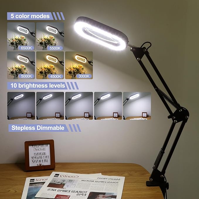 10X Square Magnifying Glass with Light and Stand, Real Glass LED Lighted Magnifier, 5 Color Modes Stepless Dimmable, Hands-Free Mag Desk Lamp with Clamp for Reading Craft Hobby Close Work - LeafyLoom