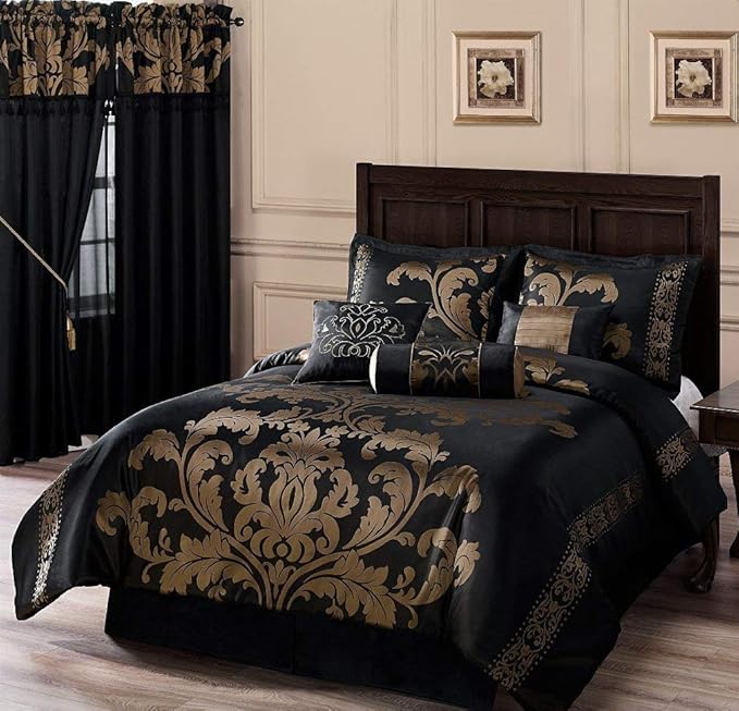 Chezmoi Collection 7-Piece Royale Jacquard Floral Comforter Set, Full/Double, Black/Gold - LeafyLoom