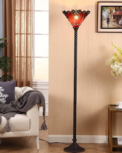 Bieye L10682 Baroque 67 inch Tiffany Style Stained Glass Torchiere Floor Lamp with 13 Inch Wide Handmade Lampshade, Metal Base with Dark Brown Baking Finish, Red - LeafyLoom