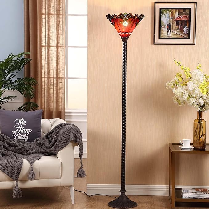 Bieye L10682 Baroque 67 inch Tiffany Style Stained Glass Torchiere Floor Lamp with 13 Inch Wide Handmade Lampshade, Metal Base with Dark Brown Baking Finish, Red - LeafyLoom