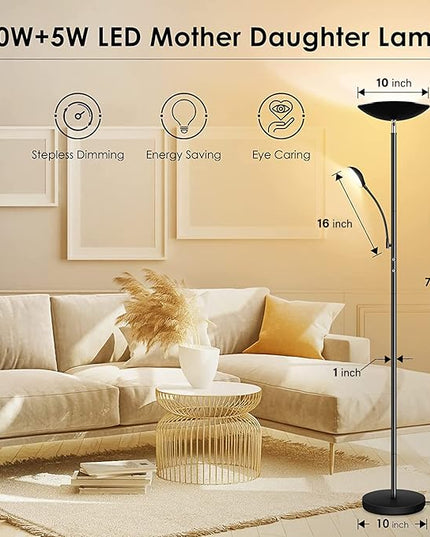 BoostArea Floor Lamp, LED 20W/2000LM Bright Torchiere Floor Lamp with 5W Adjustable Reading Lamp, Stepless Dimmable Standing Lamp, 2 Rotary Switch, Modern Floor Lamps for Living Room, Bedroom, Office - LeafyLoom