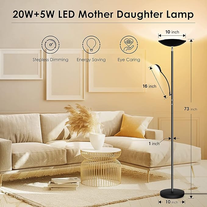 BoostArea Floor Lamp, LED 20W/2000LM Bright Torchiere Floor Lamp with 5W Adjustable Reading Lamp, Stepless Dimmable Standing Lamp, 2 Rotary Switch, Modern Floor Lamps for Living Room, Bedroom, Office - LeafyLoom