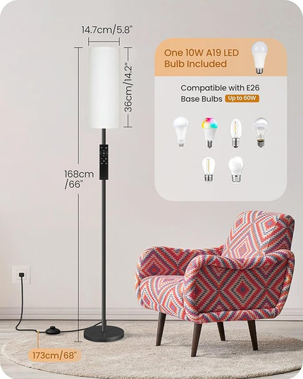 Dimmable Floor Lamp for Living Room, Corner Floor Lamp with Remote, 66'' Standing Tall Lamp, Linen Lampshade, 10W 800LM LED Bulb for Bedroom Study, FCC Listed Black and Pure White CW06LD05 - LeafyLoom