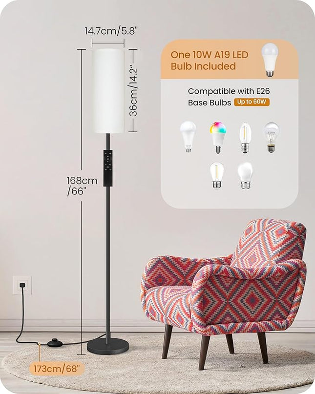 Dimmable Floor Lamp for Living Room, Corner Floor Lamp with Remote, 66'' Standing Tall Lamp, Linen Lampshade, 10W 800LM LED Bulb for Bedroom Study, FCC Listed Black and Pure White CW06LD05 - LeafyLoom