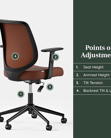 Branch Daily Chair - Vegan Leather Office Chair with Swivel, Lumbar Rest, and Adjustable Armrests - Comfortable Seating for Improved Posture and Productivity - Mahogany - LeafyLoom