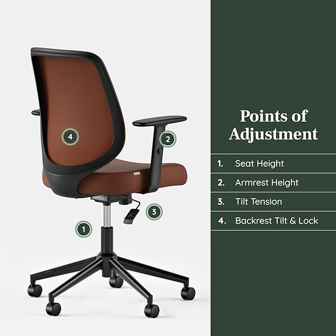 Branch Daily Chair - Vegan Leather Office Chair with Swivel, Lumbar Rest, and Adjustable Armrests - Comfortable Seating for Improved Posture and Productivity - Mahogany - LeafyLoom