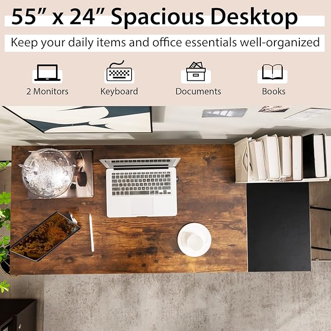 Multifunctional Computer Desk, Industrial Study Writing Desk w/Removable Storage Shelf, Heavy-Duty Metal Frame, 55 Inch Desk for Home Office, Gaming Room, Bedroom (Rustic Brown) - LeafyLoom