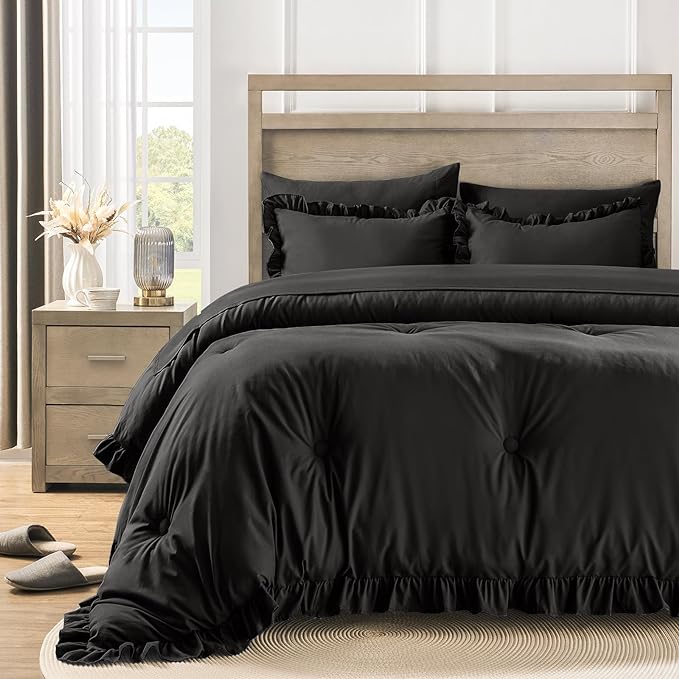 Twin Bed in a Bag 5 Pieces Comforter Set Twin, Ruffle Shabby Chic Bedding Comforter Set Black Bed Set with Comforter, Pillowcase, Flat Sheet, Fitted Sheet and Pillow Sham - LeafyLoom