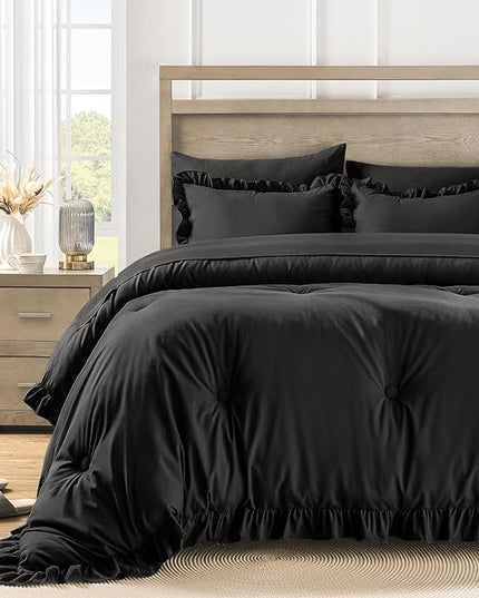 King Size Bed in a Bag 7 Pieces King Size Comforter Set, Ruffle Shabby Chic Bedding Comforter Set Black Bed Set with Comforter, Pillowcases, Flat Sheet, Fitted Sheet and Pillow Shams - LeafyLoom