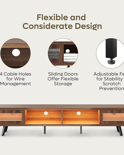 Bestier Mid Century Modern TV Stand for 75 inch TV, LED Entertainment Center with Storage and Sliding Doors, Low Profile TV Consoles for Living Room, Ancona Walnut - LeafyLoom