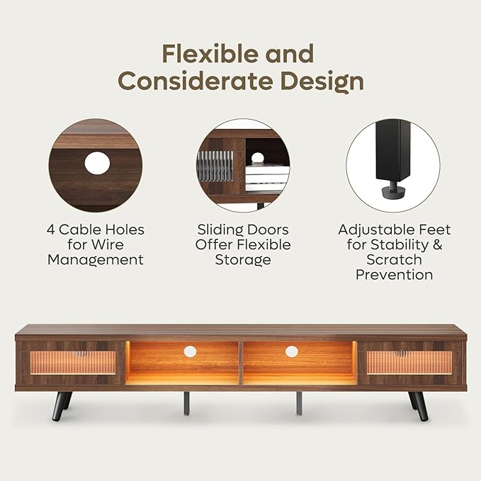 Bestier Mid Century Modern TV Stand for 75 inch TV, LED Entertainment Center with Storage and Sliding Doors, Low Profile TV Consoles for Living Room, Ancona Walnut - LeafyLoom