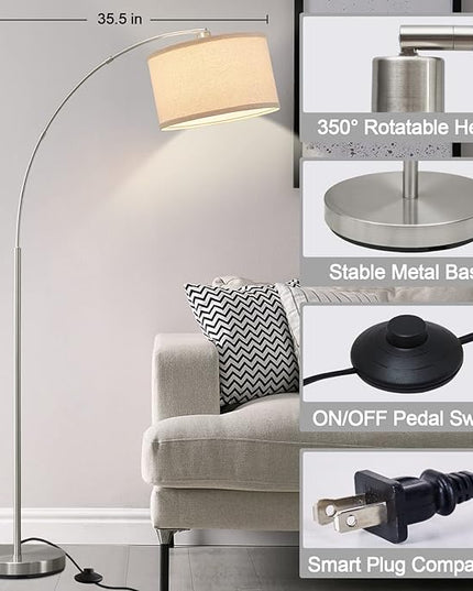 Arc Floor Lamps for Living Room, Silver Modern Floor Lamp, Adjustable Hanging Drum Shade, Tall Pole Lamp with Foot Switch, Over Couch Arched Reading Light for Bedroom, Office, LED Bulb Not Include - LeafyLoom
