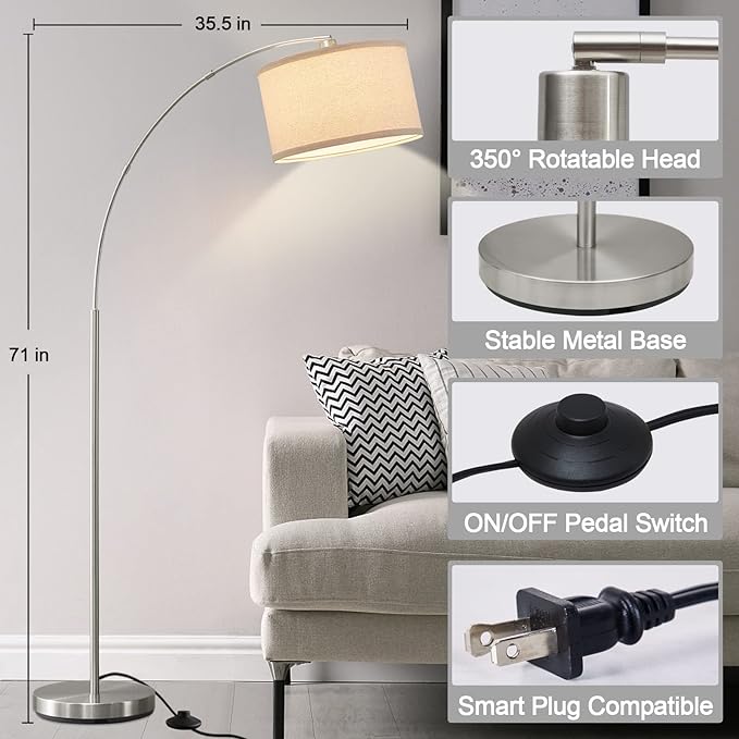 Arc Floor Lamps for Living Room, Silver Modern Floor Lamp, Adjustable Hanging Drum Shade, Tall Pole Lamp with Foot Switch, Over Couch Arched Reading Light for Bedroom, Office, LED Bulb Not Include - LeafyLoom