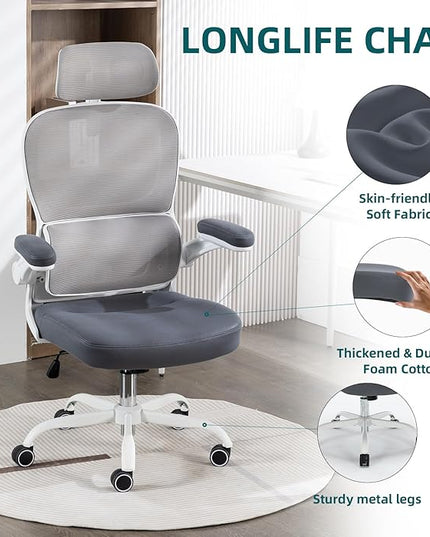 Home Office Chair High Back Computer Desk Chair Ergonomic Task Chair Executive Chair with Lumbar Support Recliner Chair with Adjustable Headrest,Flip-up Armrests (White/Gray with Meatl Base) - LeafyLoom