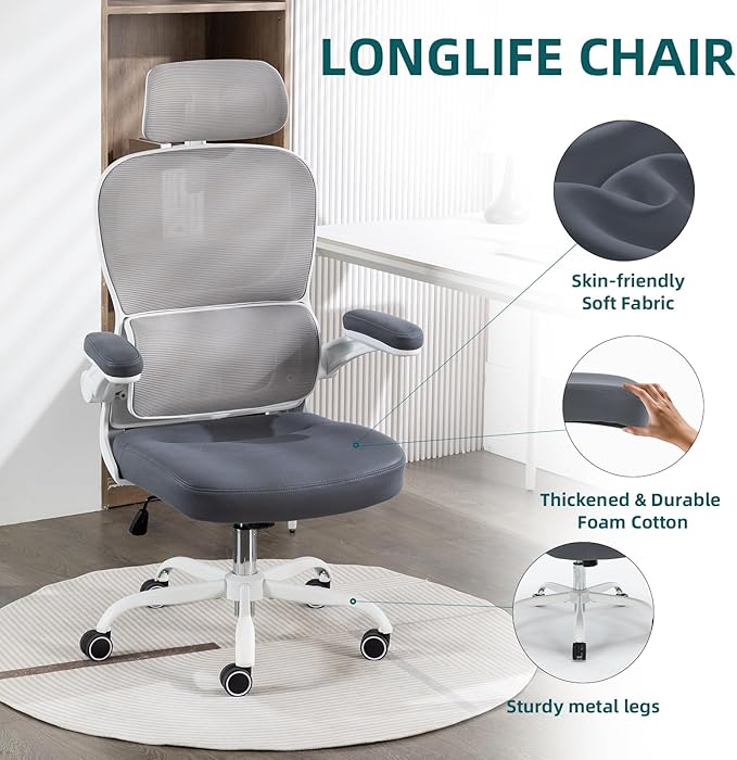 Home Office Chair High Back Computer Desk Chair Ergonomic Task Chair Executive Chair with Lumbar Support Recliner Chair with Adjustable Headrest,Flip-up Armrests (White/Gray with Meatl Base) - LeafyLoom