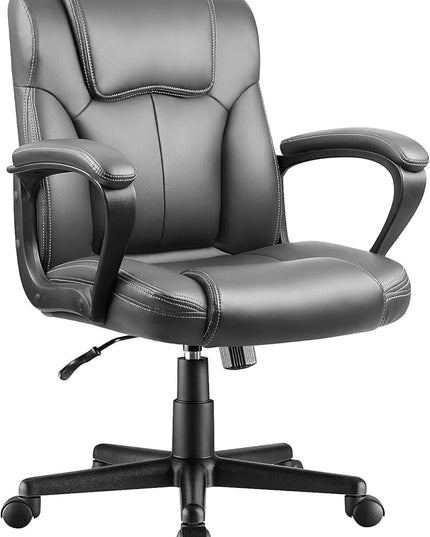 Executive Office Chair Mid Back Swivel Computer Task, Ergonomic Leather-Padded Desk Seats with Lumbar Support,Armrests, Gray - LeafyLoom