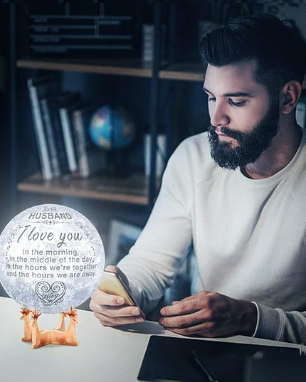 Engraved 3D Moon Lamp Gifts Anniversary Valentine's Day Gift for Husband from Wife, Personalized 5.9 Inch 3D Printing Moon Light Gift for Wife Valentine's Christmas Gift - LeafyLoom