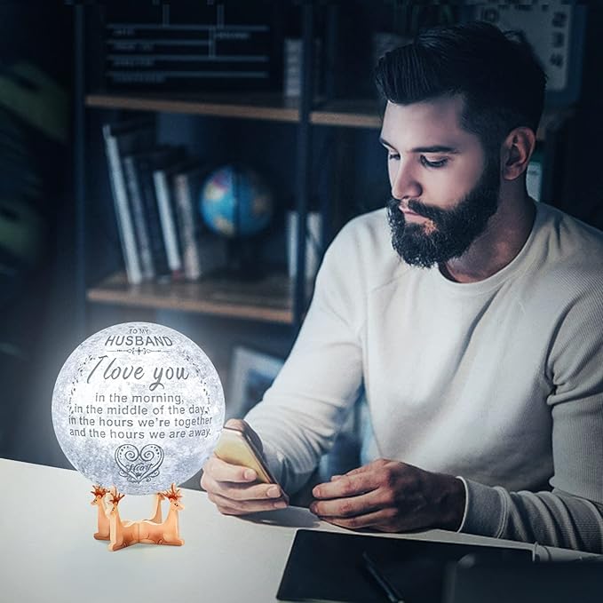 Engraved 3D Moon Lamp Gifts Anniversary Valentine's Day Gift for Husband from Wife, Personalized 5.9 Inch 3D Printing Moon Light Gift for Wife Valentine's Christmas Gift - LeafyLoom