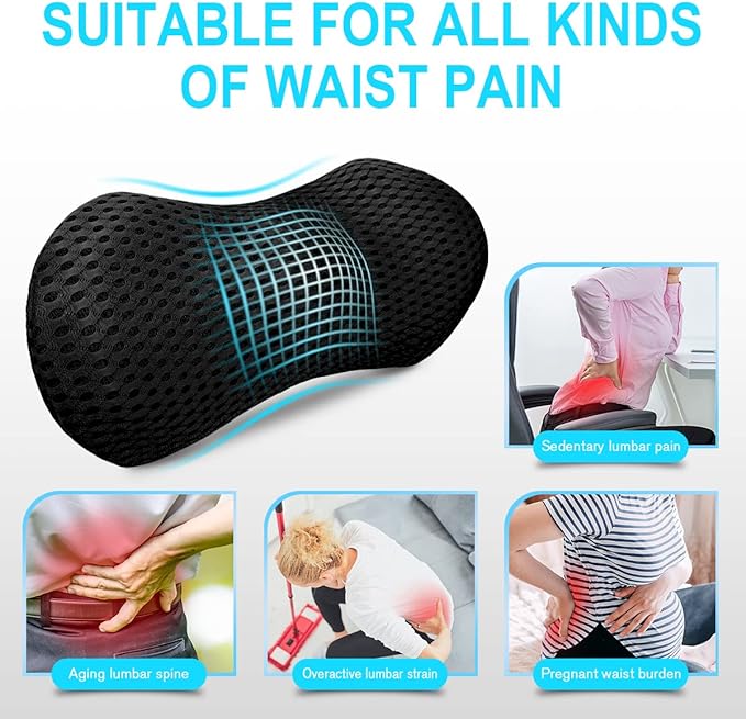 Lumbar Support Pillow - Memory Foam for Low Back Pain Relief, Ergonomic Streamline Car Seat, Office Chair, Recliner and Bed (black) - LeafyLoom