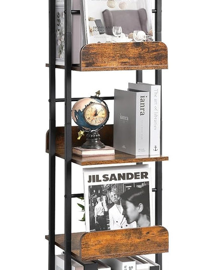 Bikoney Bookshelves 5-Tier, Rotating Bookshelf Tower for Corner, Small Bookcase, Tall Industrial Bookshelf, Narrow Bookshelf, Wood and Metal Black - LeafyLoom