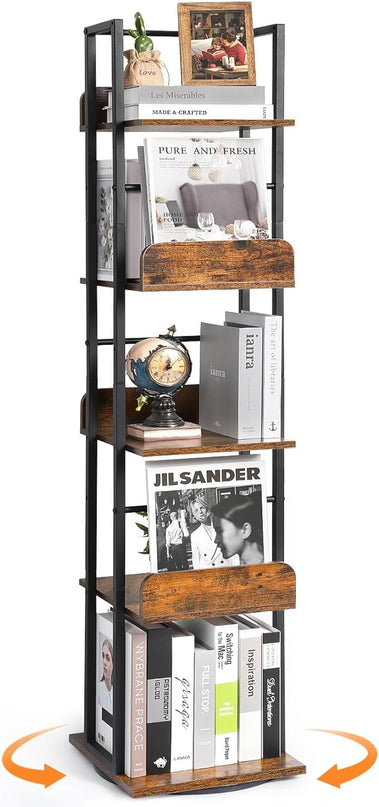 Bikoney Bookshelves 5-Tier, Rotating Bookshelf Tower for Corner, Small Bookcase, Tall Industrial Bookshelf, Narrow Bookshelf, Wood and Metal Black - LeafyLoom