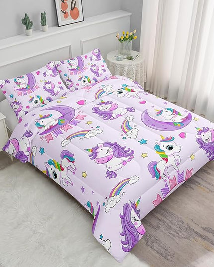 Axolotl Purple Unicorn Comforter Set Full Size,Girls Bedding Set,Cute Unicorn Rainbow Bedding Set with Stars for Kids Girls Teens Adults Women,1 Comforter with 2 Pillowcase Unicorn Gifts for Girls - LeafyLoom