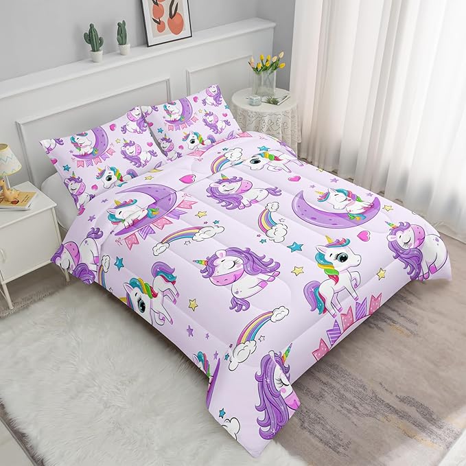Axolotl Purple Unicorn Comforter Set Full Size,Girls Bedding Set,Cute Unicorn Rainbow Bedding Set with Stars for Kids Girls Teens Adults Women,1 Comforter with 2 Pillowcase Unicorn Gifts for Girls - LeafyLoom