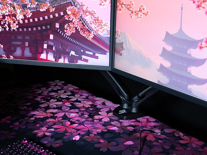 Arozzi Arena Special Edition Ultrawide Curved Gaming and Office Desk with Full Surface Water Resistant Desk Mat Custom Monitor Mount Cable Management Cut Outs - Flower - LeafyLoom