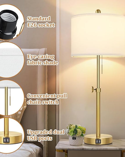 Table Lamp Set of 2, Bedside Lamp with 2 USB Ports, Gold Tall Table Lamp for Living Room End Tables, 23" to 30" Height Adjustable Table Lamp for Bedroom, Farmhouse Table Lamps with Pull Chain, E26 - LeafyLoom