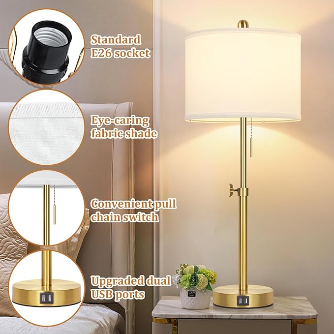 Table Lamp Set of 2, Bedside Lamp with 2 USB Ports, Gold Tall Table Lamp for Living Room End Tables, 23" to 30" Height Adjustable Table Lamp for Bedroom, Farmhouse Table Lamps with Pull Chain, E26 - LeafyLoom