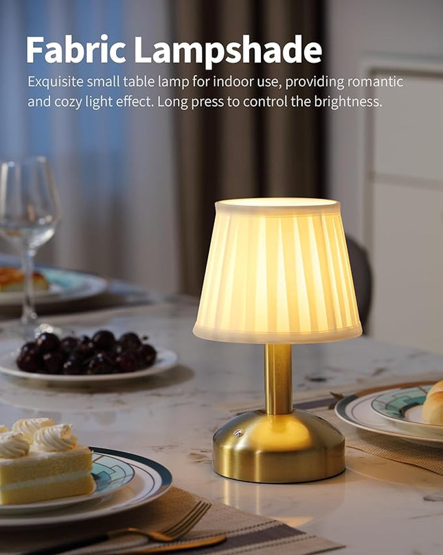KDG Modern Cordless Small Table Lamp, Portable LED Fabric Shade Desk Lamps, 5000mAh Rechargeable Battery Operated Lighting for Bedroom, Bedside, Bar, Living Room, Dining Room, Night Light(Gold) - LeafyLoom