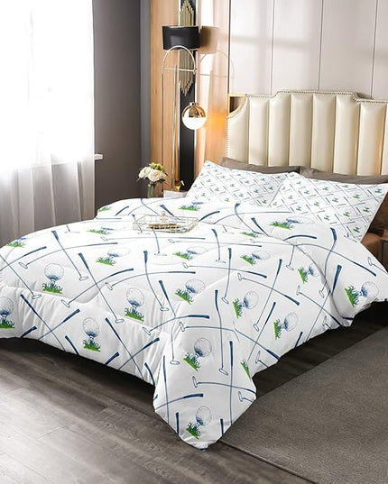 Erosebridal Golf Comforter Set Queen Size Golf Club Bedding Set Sport Game Athlete Grass Leaf Branches Down Comforter for Men, Room Decorative 3 Pieces Comforter with 2 Pillow Cases, White - LeafyLoom