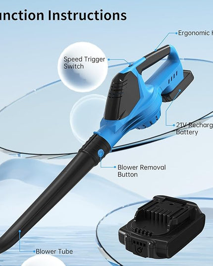 Leaf Blower, 21V Electric Leaf Blower Cordless, Leaf Blower with 2000mAh Battery and Charger, 16.5A/16500rpm Speed Leaf Blower, 5 Speed Mode Lightweight Leaf Blower for Lawn Patio Yard - LeafyLoom