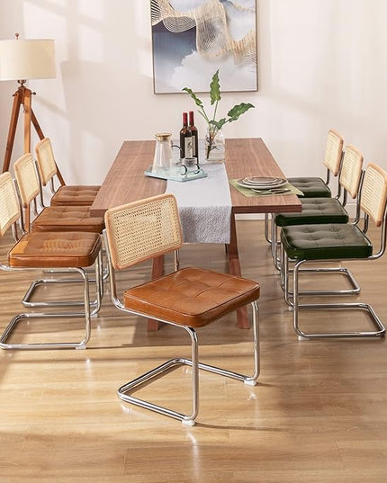 Zesthouse Mid-Century Modern Dining Chairs, Upholstered Tufted Faux Leather Accent Chairs Rattan Dining Chairs Set of 2, Armless Mesh Back Cane Chairs with Metal Chrome Legs, Brown - LeafyLoom