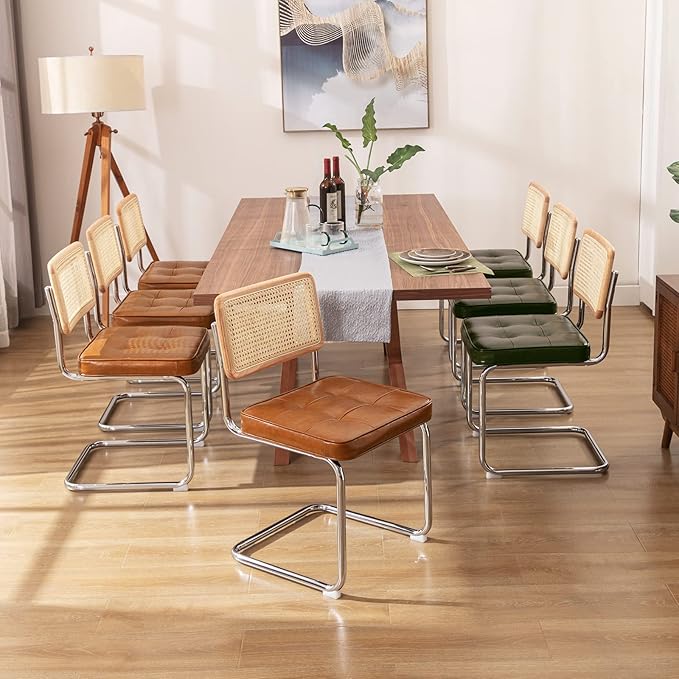 Zesthouse Mid-Century Modern Dining Chairs, Upholstered Tufted Faux Leather Accent Chairs Rattan Dining Chairs Set of 2, Armless Mesh Back Cane Chairs with Metal Chrome Legs, Brown - LeafyLoom